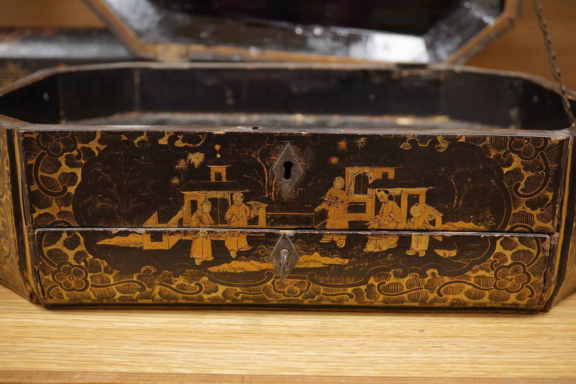 Two 19th century Chinese export lacquer boxes, to include a hexagonal example with front drawer and key, 36cm wide x 28cm deep x 16cm high
